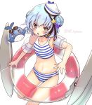  1girl 1other bikini black_ribbon blue_hair dixie_cup_hat double_bun eyewear_on_head feet_out_of_frame flat_chest hat hat_ribbon highres innertube kantai_collection leaning_forward little_blue_whale_(kantai_collection) looking_at_viewer machinery military_hat navy_cross open_mouth ribbon samuel_b._roberts_(kantai_collection) short_hair simple_background striped striped_bikini swimsuit toyama_hinata twitter_username whale white_background white_headwear yellow_eyes 
