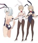  2girls aliceblue animal_ears armband ass back backless_leotard backless_outfit bangs bare_shoulders black_leotard blue_eyes bow bowtie breasts brown_hair brown_legwear bunny_ears bunnysuit cleavage closed_mouth commentary_request covered_navel fake_animal_ears fake_tail from_behind gloves hair_over_one_eye headdress high_heels highres holding honkai_(series) honkai_impact_3rd leotard long_hair long_legs looking_at_viewer looking_back medium_breasts multiple_girls pantyhose parted_lips profile red_eyes rita_rossweisse short_hair standing tail theresa_apocalypse thighs white_footwear white_gloves white_hair white_leotard wing_collar wrist_cuffs 