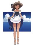  1girl anchor_symbol bare_legs bare_shoulders black_bow bow bra_strap breasts brown_eyes brown_hair brown_headwear cloud cloudy_sky collarbone dated dress eyebrows_visible_through_hair full_body hat hat_bow horizon kantai_collection kawashina_(momen_silicon) looking_at_viewer ocean off-shoulder_dress off_shoulder one-piece_tan outside_border parted_lips sandals short_hair skirt_hold sky smile solo speaking_tube_headset standing straw_hat sun tan tanline torpedo water white_dress white_footwear yukikaze_(kantai_collection) 