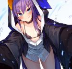  1girl :q animal_costume animal_hood bare_shoulders bikini bikini_top blue_bow blue_eyes bow choker collarbone fate/grand_order fate_(series) foreshortening hair_bow hood hood_up hoodie licking_lips long_hair meltryllis meltryllis_(swimsuit_lancer)_(fate) mou_tama_maru oversized_clothes penguin_costume purple_hair sleeves_past_wrists smile solo swimsuit tongue tongue_out water 