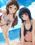  2girls arm_strap bangs beach bent_over bikini black_bikini black_hair blue_eyes blue_sky blunt_bangs blush breasts brown_eyes brown_hair cleavage closed_mouth cloud collarbone day dutch_angle front-tie_bikini front-tie_top groin halterneck hand_on_own_knee highres idolmaster idolmaster_million_live! kitazawa_shiho long_hair looking_at_viewer medium_breasts mogami_shizuka multiple_girls navel ocean open_mouth outdoors shiny shiny_hair side-tie_bikini sitting sky small_breasts smile standing straight_hair swimsuit very_long_hair white_bikini yuzuyu_(hyui) 