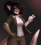  anthro clothed clothing female fish gesture hair hi_res looking_at_viewer marine shark simple_background smile solo standing v_sign xaenyth 
