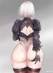  1girl artist_name ass black_legwear commentary_request feather_trim from_behind gimgugnae gloves gradient gradient_background hand_on_own_ass highleg highleg_leotard highres leotard long_sleeves nier_(series) nier_automata o puffy_sleeves shiny shiny_clothes shiny_hair shiny_skin short_hair signature simple_background solo thighhighs thighs white_hair yorha_no._2_type_b 