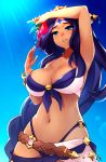  1girl arm_up armpits bikini black_hair blue_bikini blue_eyes bracelet breasts collarbone commentary cowboy_shot dark_skin dragalia_lost english_commentary eyebrows_visible_through_hair facial_mark flower forehead_mark hair_flower hair_ornament headgear highres jewelry large_breasts lens_flare long_hair navel o-ring o-ring_bikini ricegnat solo stomach sunlight sweat swimsuit verica very_long_hair 