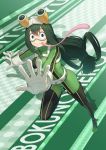  1girl :&gt; anarchojs asui_tsuyu black_eyes black_footwear bodysuit boku_no_hero_academia boots breasts commentary_request copyright_name eyebrows_visible_through_hair frog_girl full_body gloves goggles goggles_on_head green_footwear green_hair hair_between_eyes hair_rings highres large_breasts long_hair long_tongue looking_at_viewer low-tied_long_hair skin_tight solo thigh_boots thighhighs tongue tongue_out white_gloves 