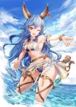  1girl ;d animal_ears armpits bell_(angelicalary) bikini blue_hair blue_sky blush breasts cleavage commentary_request cowboy_shot curly_hair day erune ferry_(granblue_fantasy) granblue_fantasy highres jewelry long_hair looking_at_viewer ocean one_eye_closed open_mouth outdoors single_earring sky small_breasts smile solo swimsuit upper_teeth very_long_hair wading yellow_eyes 