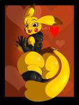  &lt;3 2019 anthro anthrofied armwear big_butt black_border border breasts butt clothing digital_media_(artwork) elbow_gloves eyelashes female gesture gloves handwear hi_res huge_butt legwear lipstick looking_at_viewer makeup nintendo nipples open_mouth pichi_(suirano) pikachu pok&eacute;mon pok&eacute;mon_(species) signature solo suirano video_games waving 