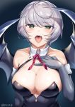  1girl breasts cleavage collarbone curcumin demon_girl demon_wings detached_collar elbow_gloves fang gloves green_eyes grey_gloves grey_hair highres large_breasts open_mouth original short_hair solo succubus upper_body wings 
