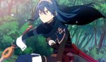  1girl armor black_cape blue_eyes blue_footwear blue_hair blue_legwear boots cape closed_mouth determined fingerless_gloves fire_emblem fire_emblem_awakening floating_hair forest frown gloves hair_ornament holding holding_sword holding_weapon long_hair looking_afar lucina_(fire_emblem) nature ryon_(ryonhei) sheath shoulder_armor solo squatting sword symbol-shaped_pupils thigh_boots thighhighs tiara tree turtleneck weapon 
