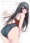  1girl absurdres alternate_costume ass ass_focus black_hair blush breasts closed_mouth competition_swimsuit eyebrows_visible_through_hair fusou_(kantai_collection) hair_between_eyes hair_ornament highres kantai_collection large_breasts long_hair looking_at_viewer one-piece_swimsuit red_eyes shohei_(piranha5hk) smile solo swimsuit 