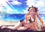  1girl anklet arm_support barefoot beach bikini black_bikini blonde_hair blue_sky bow breasts calzooone cleavage cloud collarbone day diadem earrings embarrassed ereshkigal_(fate/grand_order) fate/grand_order fate_(series) hair_bow hand_in_hair highres jewelry lens_flare long_hair medium_breasts navel ocean open_mouth outdoors red_bow red_eyes sideboob sitting sky solo sparkle sunlight swimsuit thigh_gap twintails very_long_hair wavy_mouth 
