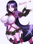  1girl armor artist_name bangs black_gloves blush bodysuit breasts covered_navel covered_nipples cowboy_shot curvy fate/grand_order fate_(series) fingerless_gloves gloves heart japanese_armor kote kuro_kitsune large_breasts loincloth long_hair looking_at_viewer low-tied_long_hair minamoto_no_raikou_(fate/grand_order) open_mouth parted_bangs pointing pointing_at_viewer purple_bodysuit purple_eyes purple_hair ribbed_sleeves rope simple_background solo text_focus thighs very_long_hair 