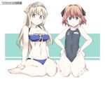  2girls bangs bikini black_swimsuit blonde_hair blue_bikini breasts character_name choker cleavage competition_swimsuit double_bun eyebrows_visible_through_hair flat_chest fletcher_(kantai_collection) full_body gloves hachijou_(kantai_collection) hair_ribbon hands_on_hips hip_bones japanese_flag kantai_collection large_breasts long_hair multiple_girls name_tag one-piece_swimsuit open_mouth orange_hair ribbon seiza short_hair simple_background sitting smile souji star swimsuit thighs white_gloves 