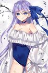  1girl :q bangs bare_shoulders blue_choker blue_eyes blue_ribbon blue_swimsuit blush breasts bubble choker cleavage closed_mouth commentary covered_navel cowboy_shot eyebrows_visible_through_hair fate/grand_order fate_(series) frilled_sleeves frills hair_ribbon long_hair looking_at_viewer maco_spl medium_breasts meltryllis meltryllis_(swimsuit_lancer)_(fate) one-piece_swimsuit purple_hair ribbon sleeves_past_wrists smile solo standing swimsuit tongue tongue_out very_long_hair white_sleeves 