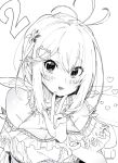  1girl antenna_hair bangs bare_shoulders blush bow breasts commentary cr-r dennou_shoujo_youtuber_shiro dress hair_between_eyes hair_bow hair_ornament large_breasts looking_at_viewer monochrome open_mouth shiro_(dennou_shoujo_youtuber_shiro) sketch solo upper_body virtual_youtuber w white_hair wrist_cuffs 