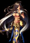  1girl absurdres ahoge armlet black_hair bracelet breasts cape closed_mouth cowboy_shot dark_skin fate/prototype fate/prototype:_fragments_of_blue_and_silver fate_(series) genderswap genderswap_(mtf) hair_over_one_eye highres jewelry large_breasts long_hair looking_at_viewer midriff navel orange_eyes ozymandias_(fate) pelvic_curtain rai_(newtype_xm-x1) solo staff standing stomach very_long_hair 