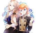  2girls annette_fantine_dominique artist_name blonde_hair blue_eyes bow closed_mouth fire_emblem fire_emblem:_three_houses hair_bow long_sleeves low_ponytail mercedes_von_marltritz multiple_girls okii open_mouth orange_hair simple_background smile twintails uniform upper_body white_background 
