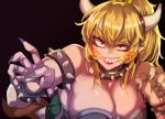  1girl bangs bare_arms bare_shoulders black_collar black_nails blonde_hair borrowed_design bowsette bracelet breasts breathing_fire claw_pose cleavage collar colored_eyelashes constricted_pupils crown evil_grin evil_smile eyebrows_behind_hair fighting_stance fingernails fire forked_eyebrows grin hands_up horns jewelry large_breasts long_fingernails looking_at_viewer mario_(series) nail_polish pointy_ears sanpaku serious sharp_fingernails sharp_teeth shiny shiny_hair sideboob smile solo spiked_armlet spiked_bracelet spiked_collar spiked_shell spikes strapless super_crown tail teeth thick_eyebrows turtle_shell upper_body yumoteliuce 
