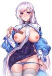  1girl alternate_costume azur_lane belfast_(azur_lane) belfast_(iridescent_rose)_(azur_lane) blue_eyes blue_panties blush braid breasts breasts_outside china_dress chinese_clothes cleavage_cutout collar dress earrings eyebrows_visible_through_hair fan french_braid groin holding holding_fan jewelry large_breasts long_hair long_sleeves looking_at_viewer nipples panties panty_pull parted_lips pelvic_curtain pussy shawl side-tie_panties silver_hair solo souno_hana thighhighs underwear white_legwear 
