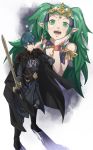  1boy 1girl absurdres armor black_armor black_cape blue_eyes blue_hair braid byleth_(fire_emblem) byleth_(fire_emblem)_(male) cape closed_mouth dagger fire_emblem fire_emblem:_three_houses green_hair hair_ornament highres holding holding_sword holding_weapon long_hair manakete open_mouth pointy_ears pretty-purin720 sheath sheathed short_hair sothis_(fire_emblem) sword tiara twin_braids weapon 