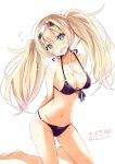  1girl alternate_costume bikini black_bikini blonde_hair blue_eyes blush breasts eyebrows_visible_through_hair gambier_bay_(kantai_collection) hair_between_eyes hairband highres hizaka kantai_collection large_breasts looking_at_viewer navel open_mouth sitting solo swimsuit twintails wavy_mouth 