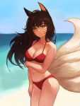  1girl ahri animal_ears bangs bare_shoulders beach bikini black_hair blurry blurry_background breasts cleavage commentary_request facial_mark fox_ears fox_tail hair_between_eyes highres kumiho large_breasts league_of_legends long_hair looking_at_viewer moth1 navel outdoors red_bikini solo swimsuit tail whisker_markings yellow_eyes 