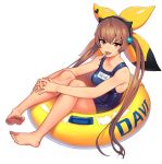  1girl barefoot blue_swimsuit brown_eyes brown_hair cain_(gunnermul) character_name collarbone davi_(destiny_child) destiny_child full_body hair_ornament highres innertube knees_up long_hair looking_at_viewer mouth_hold one-piece_swimsuit open_mouth simple_background sitting solo swimsuit twintails very_long_hair white_background 