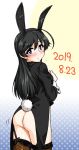  1girl animal_ears ass black_hair black_legwear black_suit blush bottomless breasts bunny_ears bunny_tail closed_mouth dated eyebrows_visible_through_hair fake_animal_ears fake_tail fishnet_legwear fishnets formal garter_straps girls_und_panzer isuzu_hana long_hair looking_at_viewer looking_back medium_breasts no_panties oosaka_kanagawa polka_dot polka_dot_background shiny shiny_hair shiny_skin simple_background solo suit sweatdrop tail thighhighs 