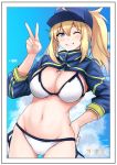  1girl ;) ahoge artoria_pendragon_(all) baseball_cap bikini blonde_hair blue_eyes blue_headwear blue_jacket blue_sky blush breasts clenched_teeth closed_mouth cloud commentary_request cropped_jacket dated day eyebrows_visible_through_hair fate/grand_order fate_(series) hair_between_eyes hair_through_headwear hand_on_hip hand_up hat jacket looking_at_viewer medium_breasts medium_hair midriff mysterious_heroine_xx_(foreigner) navel one_eye_closed outdoors ponytail poshi_(ginmokusei) shrug_(clothing) side-tie_bikini sky smile solo swimsuit teeth v white_bikini 