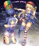  2girls american_flag_dress american_flag_legwear blonde_hair blue_eyes blue_hair blue_vest blush bow cirno clownpiece dress fii_fii_(feefeeowo) frilled_shirt_collar frills full_body hair_bow highres kneeling loafers looking_at_viewer make_america_great_again multiple_girls neck_ruff parted_lips pepe_the_frog pink_eyes polka_dot print_legwear puffy_short_sleeves puffy_sleeves shoes short_hair short_sleeves skirt smile standing star star_print striped striped_dress striped_legwear touhou vest white_skirt 
