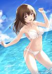  1girl :d bangs bikini blue_sky blush breasts brown_hair caustics chokuro cloud collarbone contrapposto day dripping dutch_angle front-tie_bikini front-tie_top groin hair_between_eyes hands_up highres horizon long_hair looking_at_viewer medium_breasts navel ocean open_mouth original outdoors outstretched_arm purple_eyes sky smile solo standing sunlight swimsuit wading water water_drop wet white_bikini 