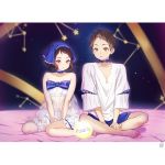  1boy 1girl bare_arms bare_legs bare_shoulders barefoot between_legs bloomers blue_bow blue_shorts blurry blurry_background bow brown_eyes brown_hair collar collarbone crop_top depth_of_field fukube_satoshi highres hyouka ibara_mayaka indian_style leg_garter letterboxed long_sleeves looking_at_viewer madoromi_no_yakusoku mery_(apfl0515) midriff pink_eyes see-through shadow shirt short_hair short_shorts shorts sitting star underwear watermark white_shirt 