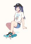  1girl air_jordan_1 baseball_cap blue_hair clothes_writing denim denim_shorts eyebrows_visible_through_hair hat highres looking_at_viewer love_live! love_live!_sunshine!! matsuura_kanan nike open_mouth ponytail purple_eyes shirt shoes shorts sidelocks simple_background sitting sneakers solo taneda_yuuta tied_shirt yuuyu_(777) 