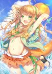  1girl :d ahoge armpits arms_up ball beachball belt bikini bikini_skirt blonde_hair blue_sky blush breasts cleavage cloud cloudy_sky day dragon_girl dragon_tail floating_hair green_eyes halterneck highleg holding leg_up long_hair looking_at_viewer midriff navel open_mouth orange_bikini original outdoors pointy_ears sidelocks sky slippers smile solo sunlight swimsuit tail thighs topia water 