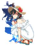  1girl adjusting_clothes adjusting_hat alternate_costume arm_support bangs bare_shoulders black_hair blue_ribbon bracelet cloud commentary dress fingernails flower full_body hair_between_eyes hair_ornament hair_over_shoulder hand_on_headwear hat hat_flower hat_ribbon jewelry kantai_collection long_dress long_hair looking_at_viewer nail_polish off-shoulder_dress off_shoulder parted_lips red_eyes red_ribbon ribbon ring sagamiso sandals shaded_face sitting sky solo sparkle squatting straw_hat twitter_username wedding_band white_background white_dress wristband yamashiro_(kantai_collection) 