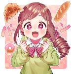  1girl bangs bow bread brown_hair commentary_request drill_hair eyebrows_visible_through_hair fang food hair_ornament highres idolmaster idolmaster_cinderella_girls long_hair long_sleeves looking_at_viewer oohara_michiru pink_bow pink_eyes pink_scurnchie saliva saliva_trail shirt solo star star_in_eye striped striped_bow sweater symbol_in_eye taemin upper_body white_shirt 