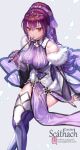  1girl bangs boots box_(hotpppink) breasts character_name cleavage crossed_legs dress email_address fate/grand_order fate_(series) feather_trim fur_trim grey_background hair_between_eyes headpiece highres holding holding_wand large_breasts purple_dress purple_hair red_eyes scathach_(fate)_(all) scathach_skadi_(fate/grand_order) simple_background solo thigh_boots thighhighs tiara twitter_username wand zettai_ryouiki 