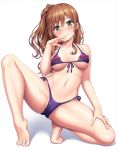  1girl :3 ass bang_dream! bangs bikini blush breasts brown_hair cameltoe eyebrows_visible_through_hair frills green_eyes imai_lisa kneeling lambda_(kusowarota) looking_at_viewer navel purple_bikini side_ponytail smile solo spread_legs swimsuit tiptoes 