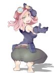  1girl absurdres ass bare_shoulders barefoot belt black_tank_top boku_no_hero_academia breasts brown_belt commentary commission from_behind gloves goggles goggles_on_head hatsume_mei highres hot_vr large_breasts looking_at_viewer open_mouth pink_hair smile solo squatting tank_top yellow_eyes 