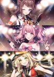  3girls :d ;d band_uniform bang_dream! bangs blonde_hair bow bowtie brown_hair choker collared_shirt detached_sleeves electric_guitar epaulettes guitar hair_ornament hair_ribbon hairclip hat holding holding_cable holding_microphone index_finger_raised instrument long_hair looking_at_viewer maruyama_aya microphone multiple_girls necktie nennen one_eye_closed open_mouth pink_bow pink_choker pink_eyes pink_hair pink_neckwear purple_eyes red_bow red_neckwear ribbon sash shako_cap shirt short_hair short_sleeves smile sparkle stage_lights star strapless suspenders toyama_kasumi tsurumaki_kokoro twintails white_ribbon white_shirt wrist_bow wrist_cuffs yellow_bow yellow_eyes 