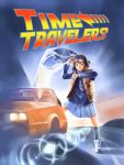  1girl back_to_the_future brown_eyes brown_hair commentary_request cosplay delorean eyewear_on_head kneehighs looking_at_watch marty_mcfly marty_mcfly_(cosplay) miniskirt movie_poster parody pizza_man pleated_skirt road scarf shindo_mikoto skirt solo time_travelers vest 