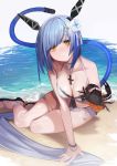  1girl :o absurdres azur_lane bangs bare_shoulders beach bikini blue_hair bracelet breasts choker cleavage collarbone commentary crab cross cross_necklace day eyebrows_visible_through_hair eyes_visible_through_hair flower front-tie_bikini front-tie_top full_body gascogne_(azur_lane) gascogne_(beach_adaptive_armor)_(azur_lane) hair_flower hair_ornament highres jewelry leaning_forward looking_at_viewer mechanical_tail medium_breasts necklace nishikikope ocean open_mouth outdoors ribbon_choker sand sandals sidelocks sitting solo star star_hair_ornament swimsuit tail water white_bikini yellow_eyes yokozuwari 