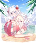  +_+ 1girl alternate_costume alternate_hairstyle azur_lane ball bangs beach beachball blue_eyes blue_sky blush breasts cleavage cloud cloudy_sky commentary conch day double_bun eyebrows_visible_through_hair gradient_hair le_malin_(azur_lane) leg_garter looking_at_viewer multicolored_hair nail_polish navel ocean one-piece_swimsuit outdoors palm_leaf pink_nails ribbon sand sidelocks silver_hair sitting sky small_breasts solo starfish swimsuit symbol-shaped_pupils toenail_polish twintails wariza water white_swimsuit wrist_ribbon yozora_(33968397) 