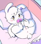  anthro anus baby bed big_ears blush churoe cub diaper feet female lagomorph leporid looking_at_viewer lying mammal pacifier pillow pussy rabbit solo toes young 