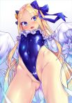  1girl abigail_williams_(fate/grand_order) ass_visible_through_thighs bangs bare_shoulders black_bow blonde_hair blue_eyes blue_ribbon blue_swimsuit blush bow breasts cosplay covered_navel fate/grand_order fate_(series) forehead frills hair_bow hair_ribbon highleg highleg_swimsuit long_hair long_sleeves looking_at_viewer meltryllis meltryllis_(swimsuit_lancer)_(fate) meltryllis_(swimsuit_lancer)_(fate)_(cosplay) one-piece_swimsuit open_mouth orange_bow parted_bangs polka_dot polka_dot_bow puffy_sleeves ribbon sleeves_past_fingers sleeves_past_wrists small_breasts smile solo swimsuit thighs toraishi_666 