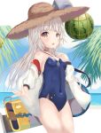  1girl :o absurdres azur_lane bag bangs beach black_choker blue_sky blue_swimsuit blunt_bangs blush breasts choker cloud cloudy_sky commentary cowboy_shot day eyebrows_visible_through_hair food fruit grey_hair hat highres holding holding_bag jacket jacket_over_swimsuit long_hair navel ocean off_shoulder one-piece_swimsuit open_mouth outdoors outstretched_arm palm_leaf sidelocks sky small_breasts solo standing straw_hat sun_hat swimsuit user_vhnw4234 water_drop watermelon wet yellow_eyes z46_(azur_lane) 