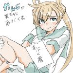  1girl abukuma_(kantai_collection) arms_between_legs asymmetrical_bangs bandaid bandaid_on_knee bangs blonde_hair blue_eyes blush collarbone commentary_request double_bun eyebrows_visible_through_hair folded_leg freckles green_sailor_collar green_skirt hair_between_eyes hair_rings highres kantai_collection long_hair looking_at_viewer poyo_(hellmayuge) sailor_collar school_uniform serafuku short_sleeves simple_background skirt solo translation_request wavy_mouth white_background white_legwear 