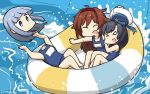 3girls ahoge black_hair blue_hair blue_swimsuit brown_hair closed_eyes commentary_request dated disembodied_head freckles gradient_hair grey_eyes hair_flaps hairband hamu_koutarou hat hatsukaze_(kantai_collection) highres hime_cut inflatable_raft kantai_collection long_hair matsuwa_(kantai_collection) multicolored_hair multiple_girls purple_hair red_hairband remodel_(kantai_collection) riding sailor_hat school_swimsuit shiratsuyu_(kantai_collection) sidelocks swimsuit water white_headwear 