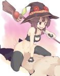  1girl absurdres bandages bare_shoulders black_hair black_legwear blush breasts cat_cutout commentary commission cow_girl fingerless_gloves gloves hat hetero highres holding holding_staff hot_vr kono_subarashii_sekai_ni_shukufuku_wo! megumin navel pussy red_eyes sex short_hair small_breasts solo_focus staff thighhighs upper_teeth vaginal witch_hat 