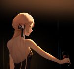  1girl absurdres alcohol backless_dress backless_outfit bangs bare_shoulders black_background black_ribbon blonde_hair cup dark_background dress drinking_glass from_behind from_side girls_frontline hair_ornament hair_over_shoulder hair_ribbon highres holding long_hair looking_at_viewer ots-14_(girls_frontline) red_wine ribbon shoulder_blades sidelocks solo tararelux traditional_media watercolor_(medium) wine wine_glass yellow_eyes 